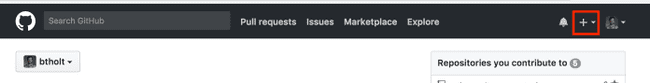 GitHub nav-bar demonstrating where the + symbol is to create a new repo
